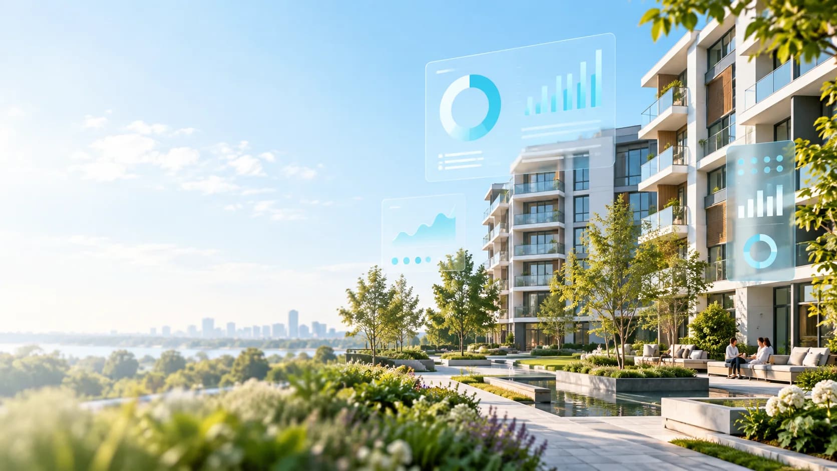 Modern bir site, peyzajlı ortak alanlar ve yönetim verilerini gösteren görseller